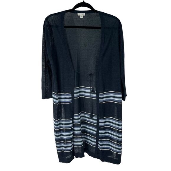 J. Jill Blue Striped Knit Linen Blend String Tie Tunic Cardigan XS - Picture 1 of 9